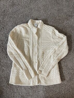 L.L. Bean Women's Cream Aran Cable Knit Button-Up Cardigan